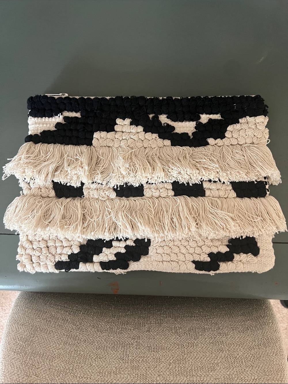Loft woven Black and Cream Fringe clutch
